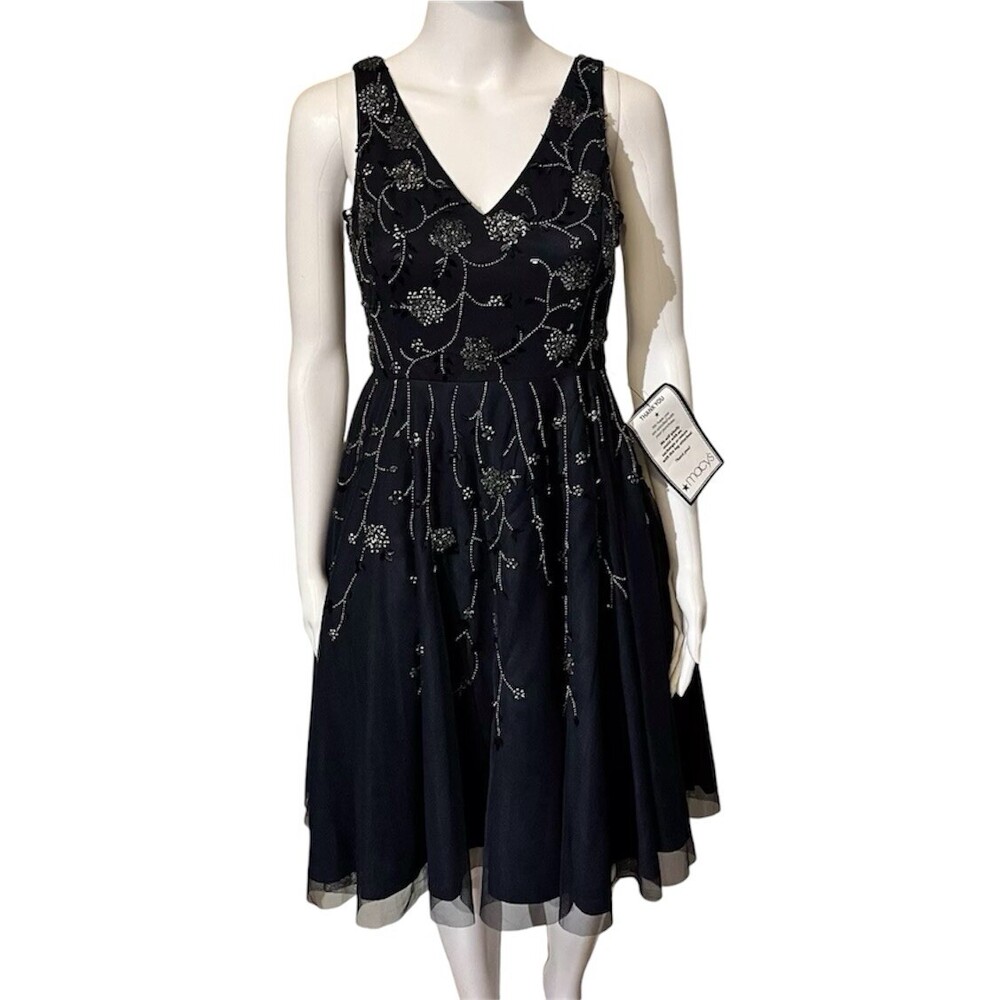 Adrianna Papell Womens Sleeveless Tea Length Floral Sequin Cocktail Dress New 4